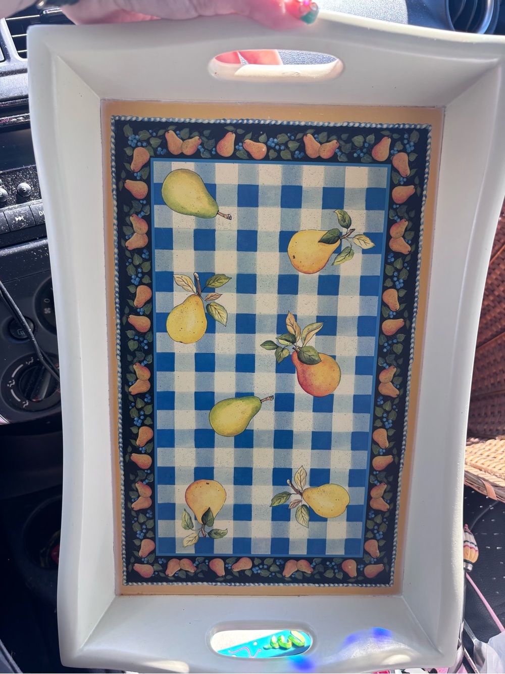 Decorative Pear Checkered Serving Tray - White & Blue